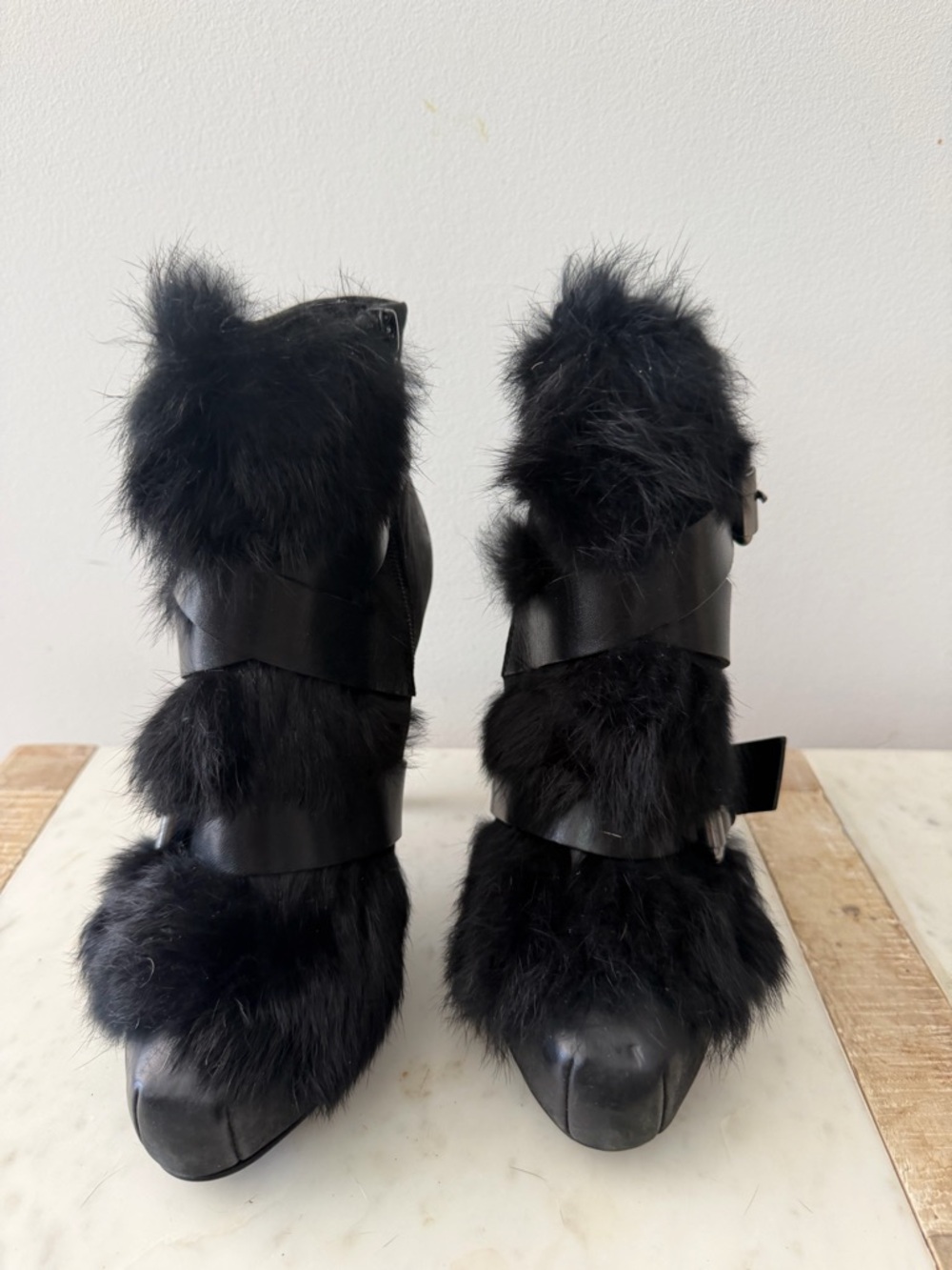 ASH black fur leather buckle platform ankle boots stiletto heels